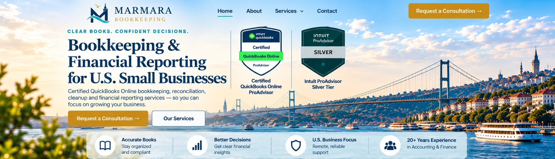 Marmara Bookkeeping homepage featuring the Bosphorus Bridge, bookkeeping services for U.S. small businesses, QuickBooks Online certification and Intuit ProAdvisor Silver badges