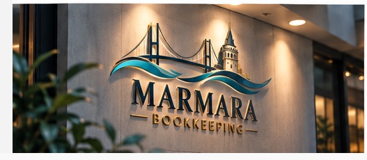 Marmara Bookkeeping wall sign with Bosphorus Bridge, Galata Tower and turquoise waves